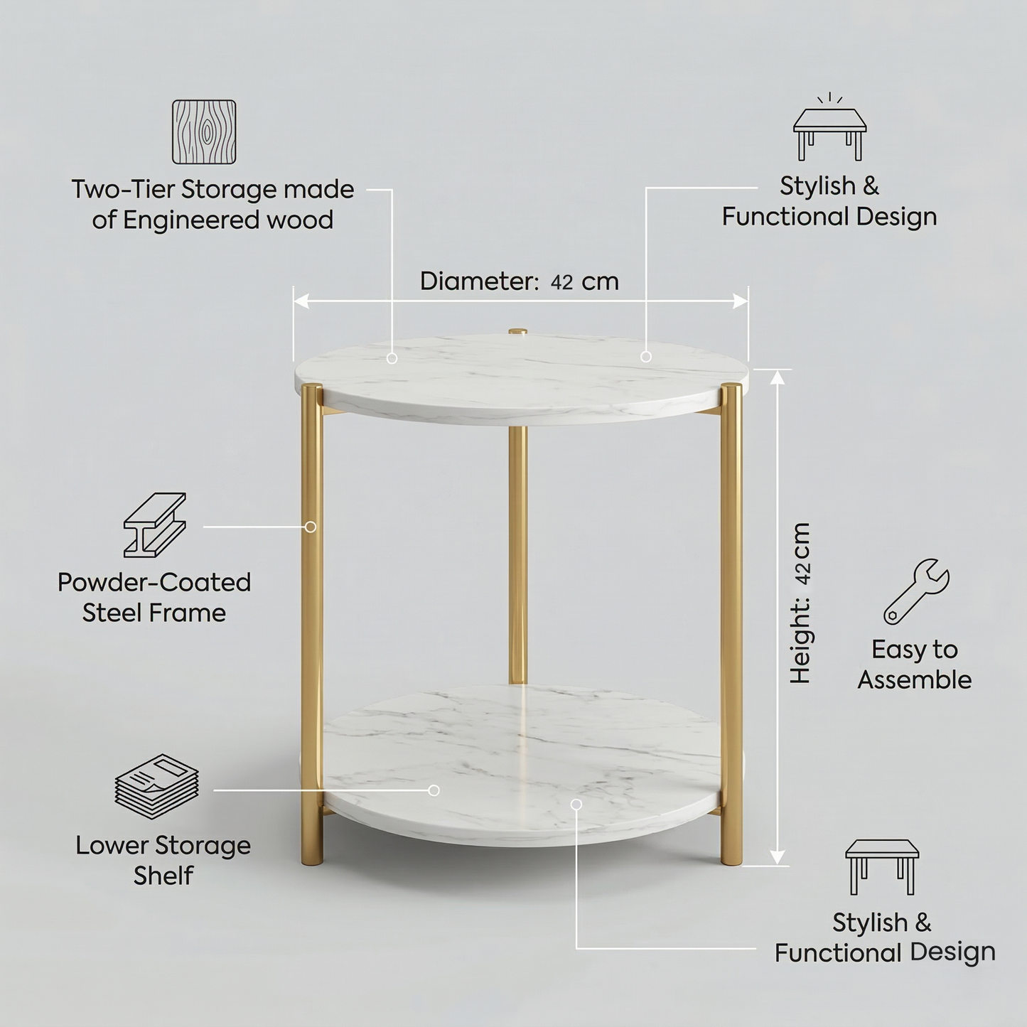 Round Coffee Side Table - (White)