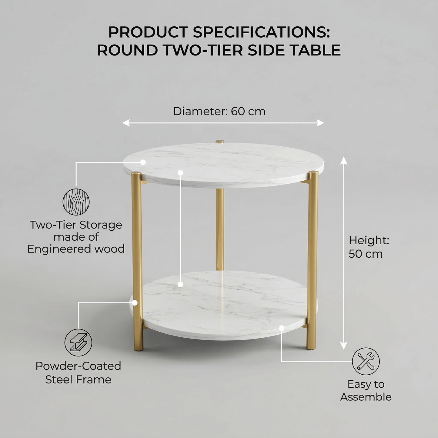 Round Coffee Side Table - (White)