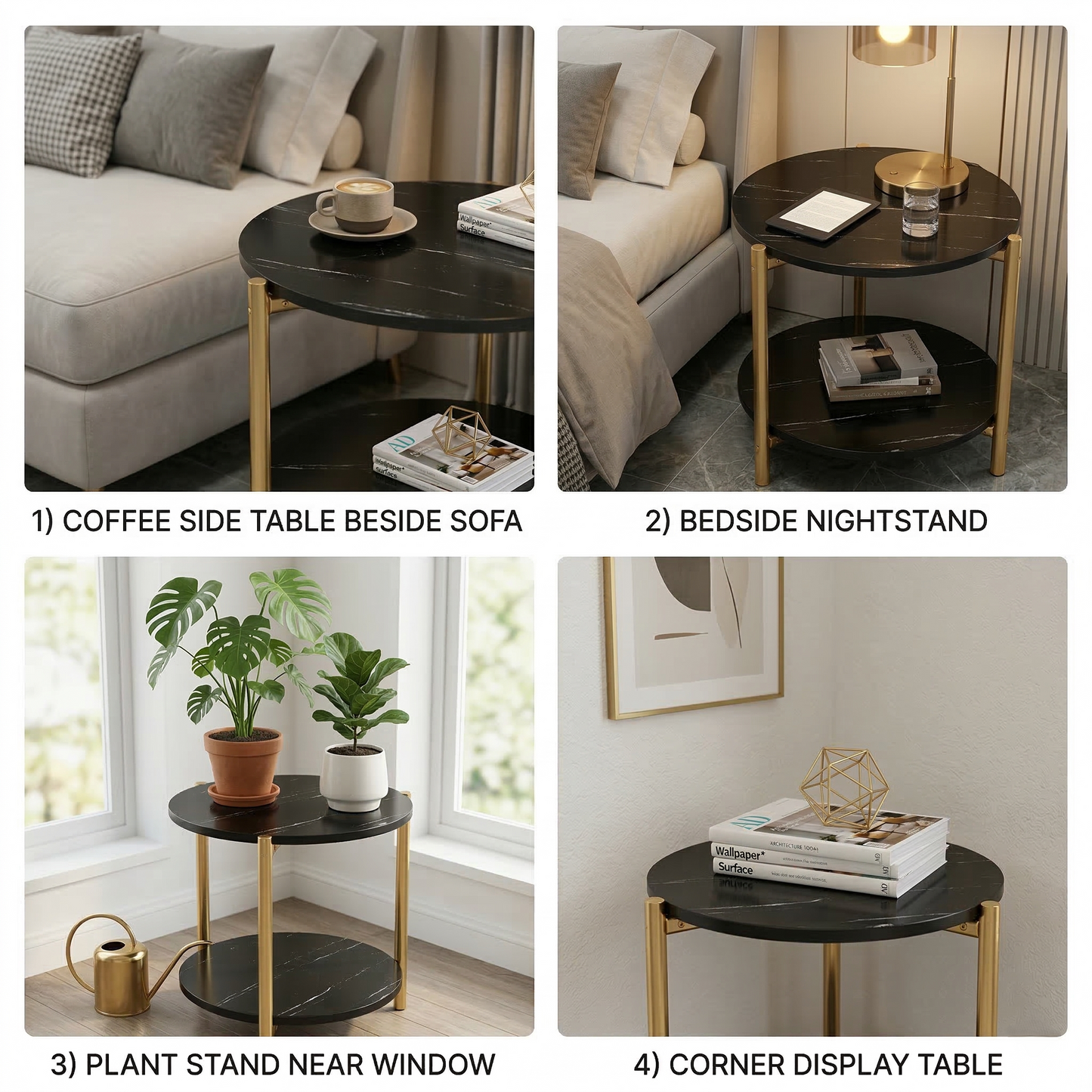 Round Coffee Side Table - (Black)