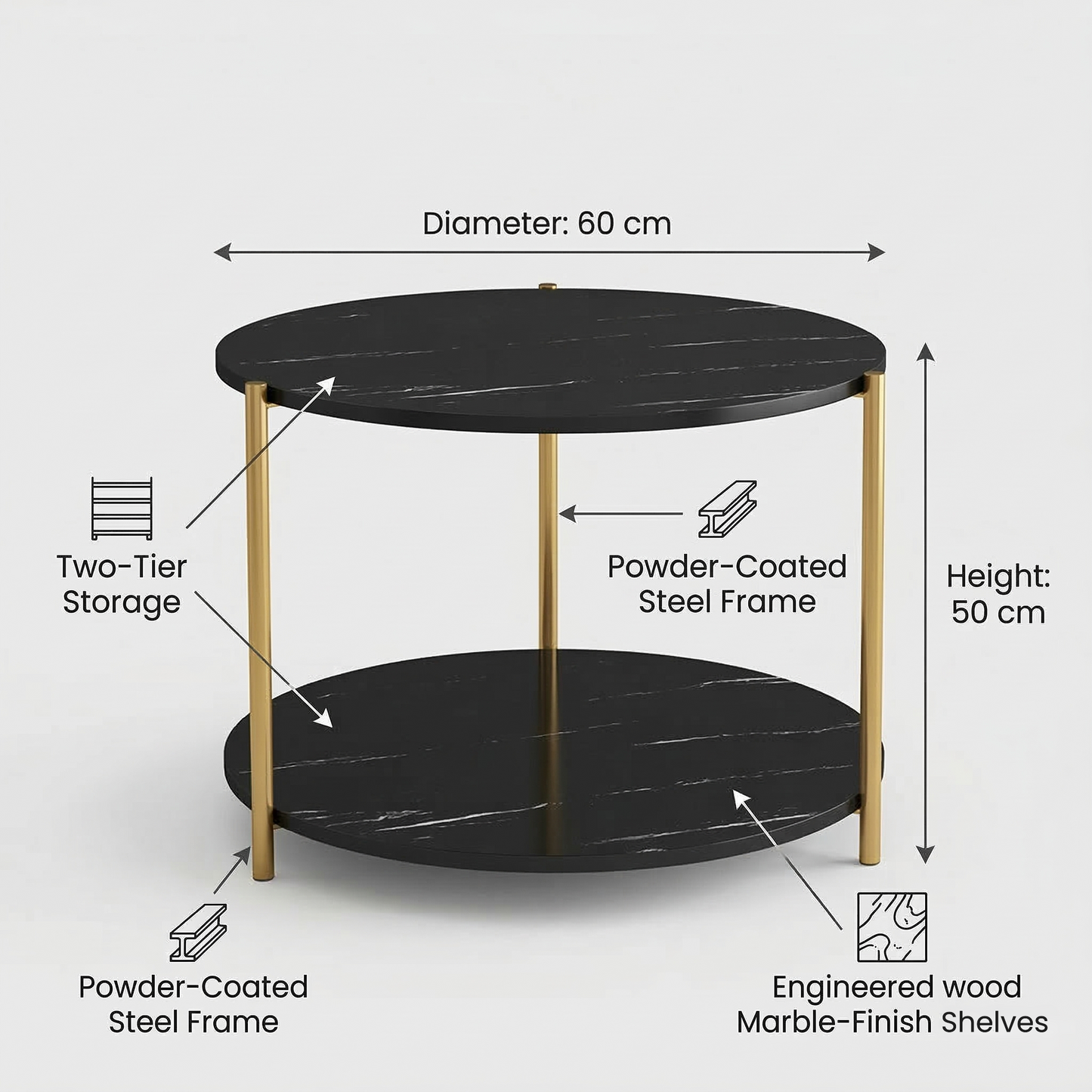 Round Coffee Side Table - (Black)